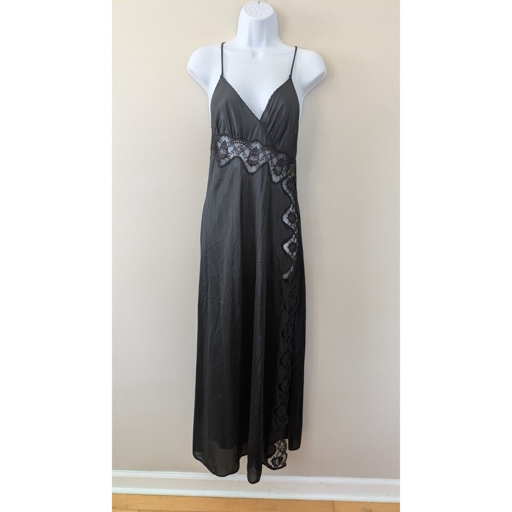 Vintage Black Lace Sheer Maxi Slip Dress M Whimsigoth Dark Romantic Lingerie